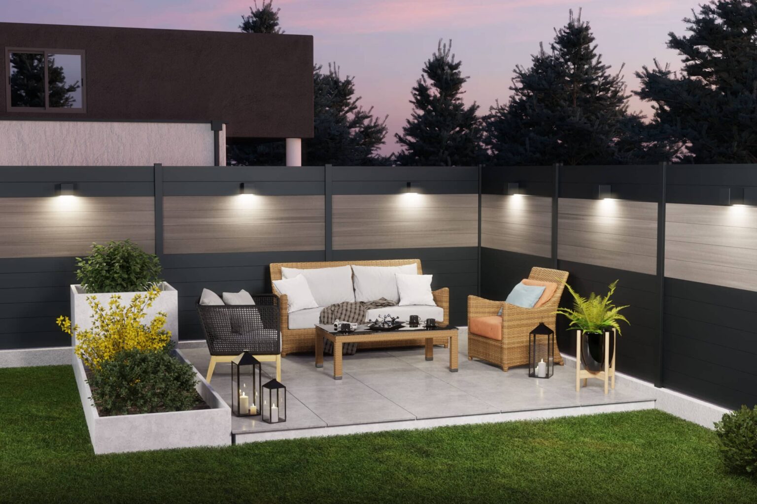 WPC-Sichtschutzzaun mit Aluminiumpfosten und integrierter Beleuchtung bei Abendstimmung