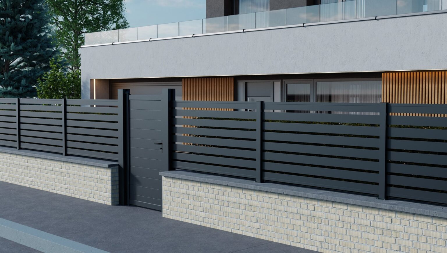 Anthrazitfarbener Aluminium-Lamellenzaun mit Gartentor auf einer Klinker-Sockelmauer